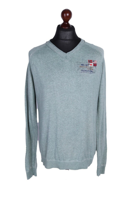 Men's NAPAPIJRI Mint 100% Cotton V-Neck Lightweight Jumper Size M