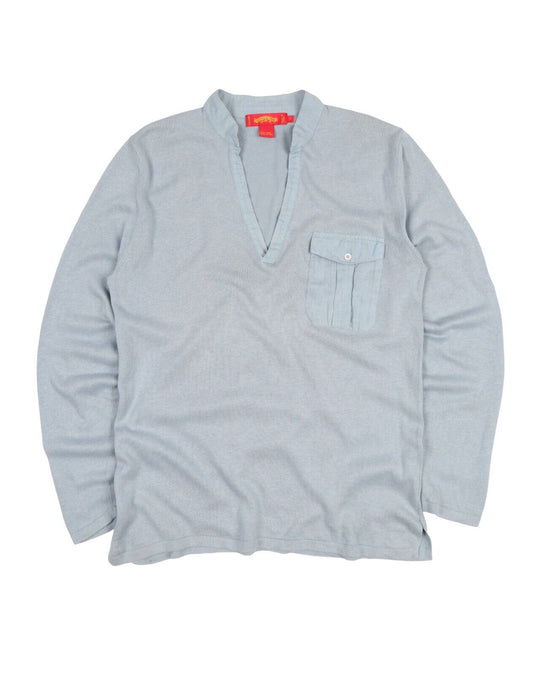 Vintage SHANGHAI TANG Long sleeve V Neck Cotton Linen T Shirt Blue Men's Size M