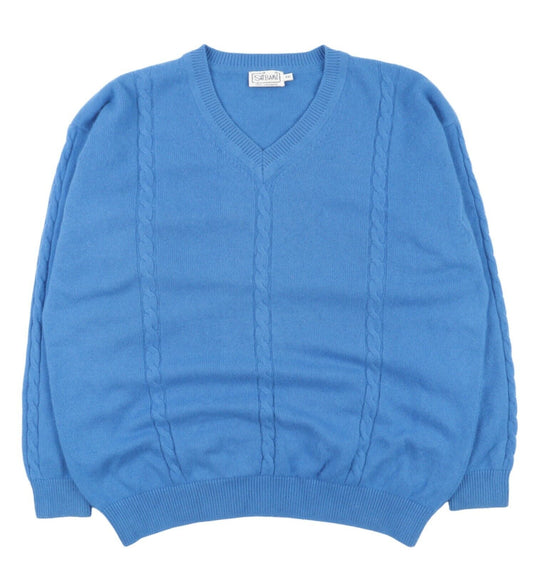 Men's SHIBANI Blue 100% Cashmere V-Neck Cable Knit Heavy Jumper Size 2XL
