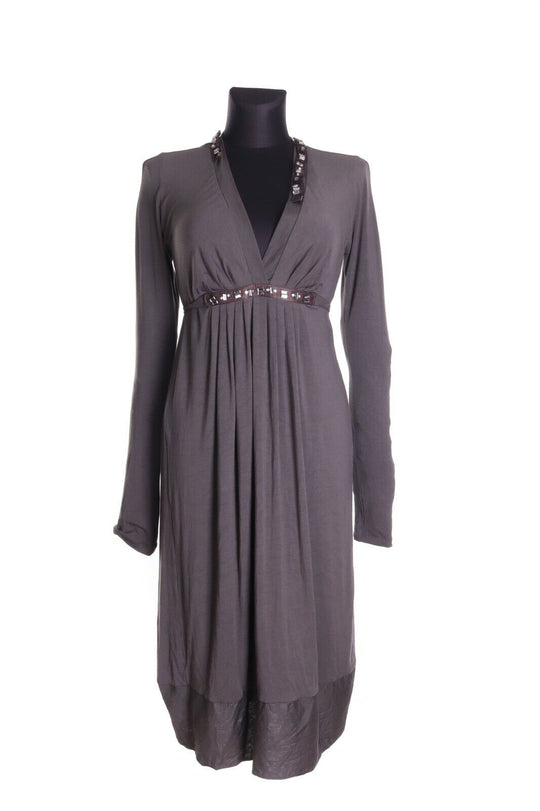 Women's MAX MARA Olive Viscose Long Crystal Belted LS Flared Dress Size M-L