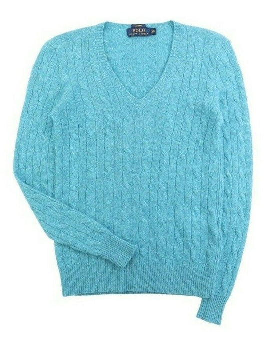 Men's POLO RALPH LAUREN Blue 100% Cashmere Cable-Knit V-Neck Sweater Size XS
