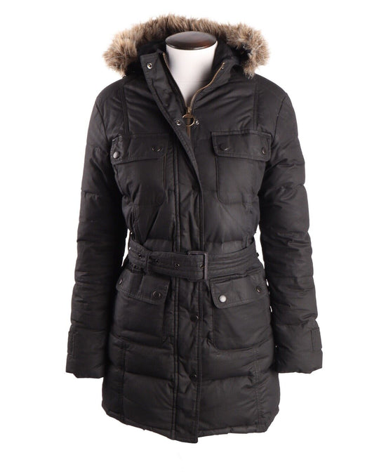 Women's BARBOUR Storm Down Black Waxed Parka Puffer Jacket Size UK 8 US 4
