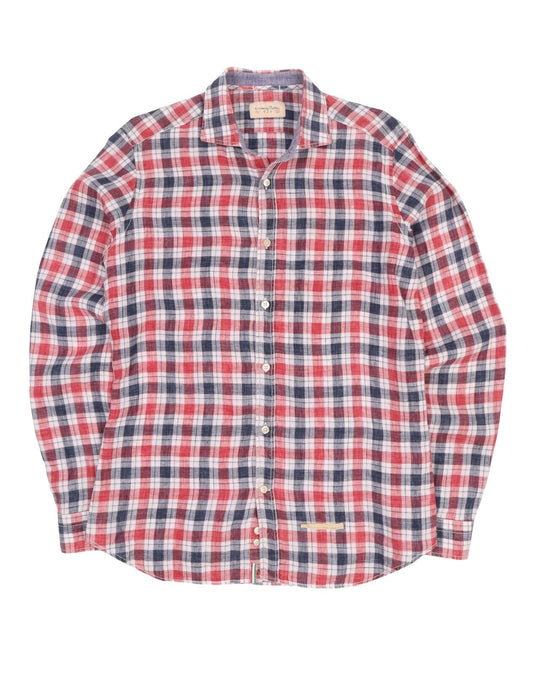 Men's TINTORIA MATTEI 954  Red / Blue Check Linen Shirt Size 15.75 / 40