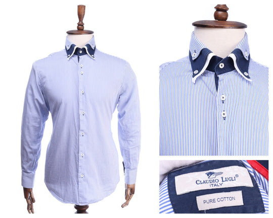 CLAUDIO LUGLI Italy Blue Striped Cotton LS Shirt Size L