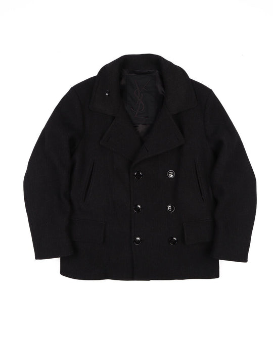 YVES SAINT LAURENT Tom Ford Pea Coat Double Breasted Black Wool Men's Size 52 IT