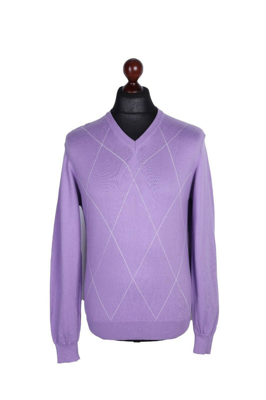 Men's HACKETT LONDON Purple 100% Cotton Diamond Pattern V-Neck Jumper Size s