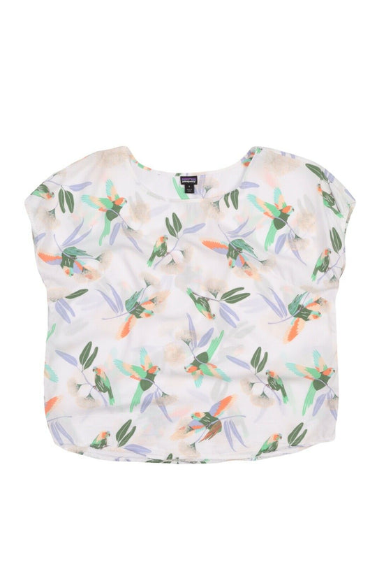 Women's PATAGONIA White Tencel Floral Parrots Print T-Shirt Tee Blouse Size s