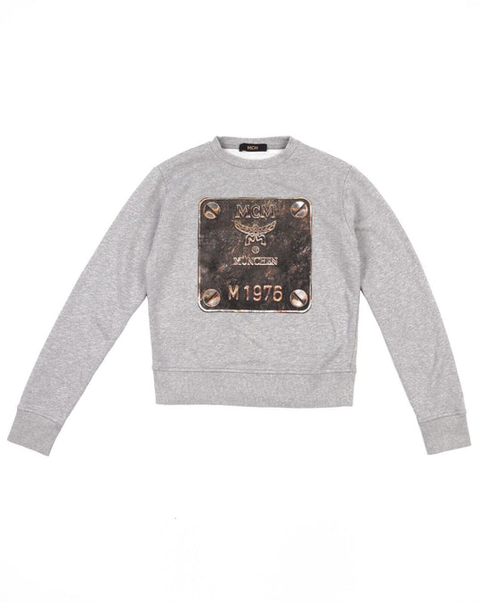 MCM Sweater Gray Cotton Crew Neck Munchen M1976 Graphic Womens Pullover Size M