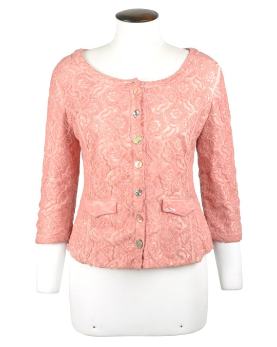 BOTTEGA Blazer Pink Floral Jacquard Boat Neck Button Front Womens Jacket Small