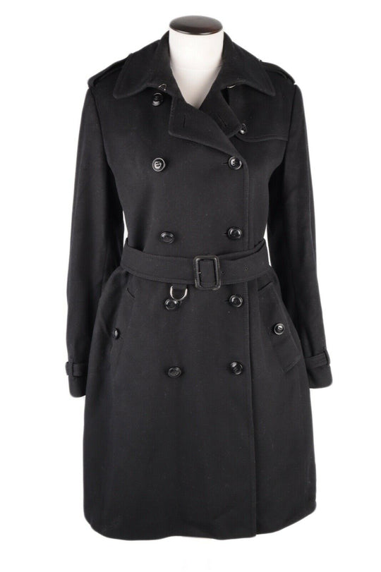 Women's BURBERRY Black Belted Double Breasted Cashmere Wool Coat Size UK 12