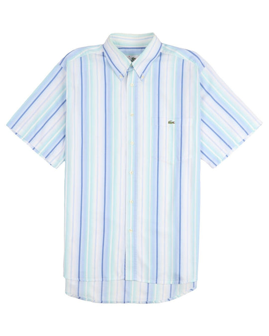 LACOSTE Shirt Navy Blue Striped Men's Button Down Short Sleeve Size 41