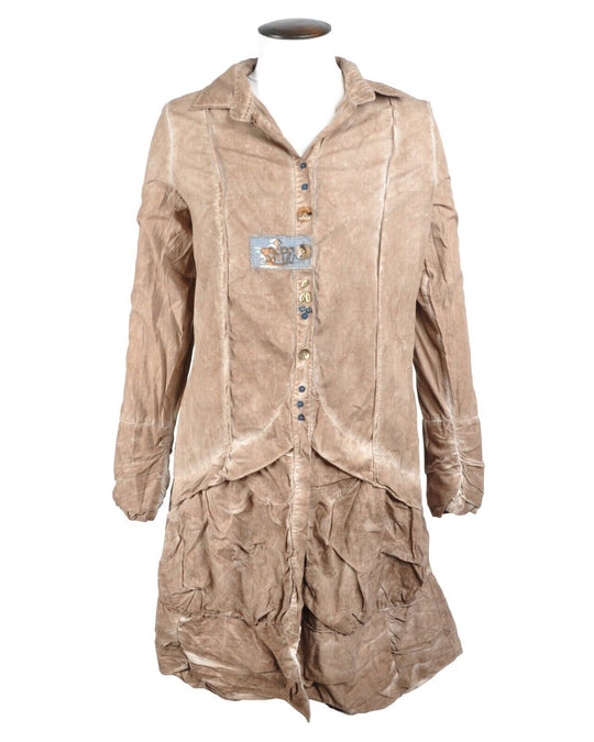 BOTTEGA Shirt Dress Brown Stretch Ruffle Hem Collared Womens Button Down Medium