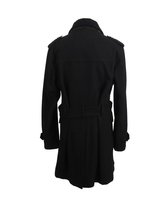 BURBERRY Trench Coat Black Wool Nova Check Collar Men's Belted Overcoat Size XL