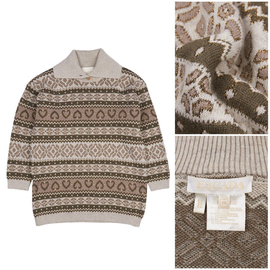 ESCADA Sweater Wool Cashmere Collared Neck Fair Isle Womens Pullover Size 38