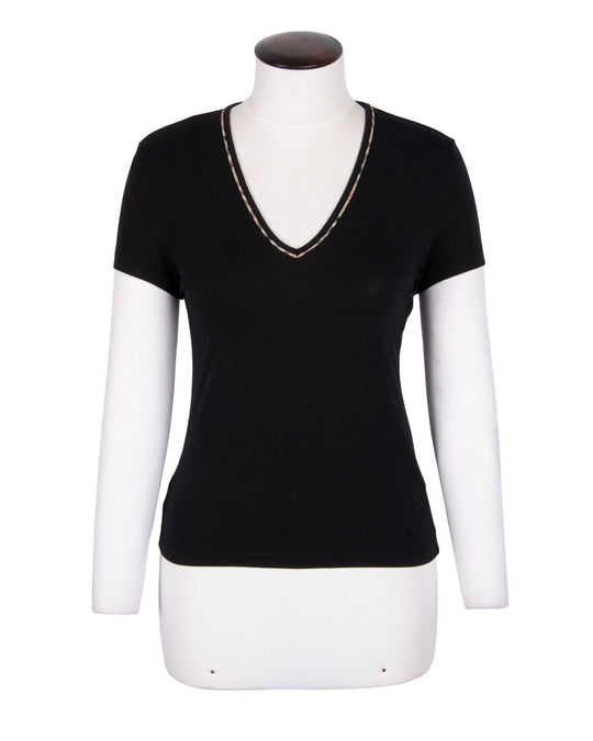 BURBERRY London T-Shirt Black Cotton Women's Nova Check Trim Top Size S
