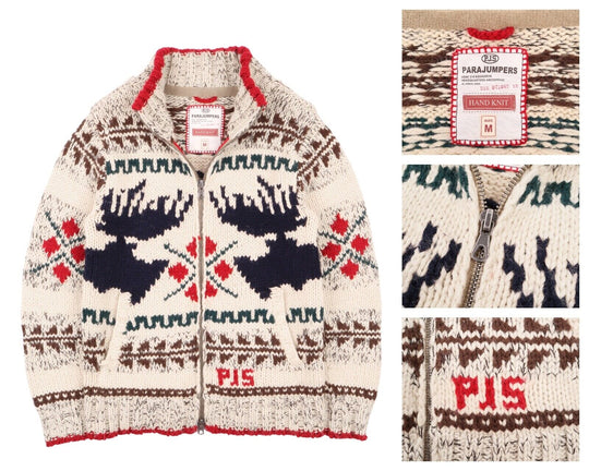 Men's PARAJUMPERS Beige Fair Isle Hand Knit Heavy Fullzip Cardigan Jacket Size M