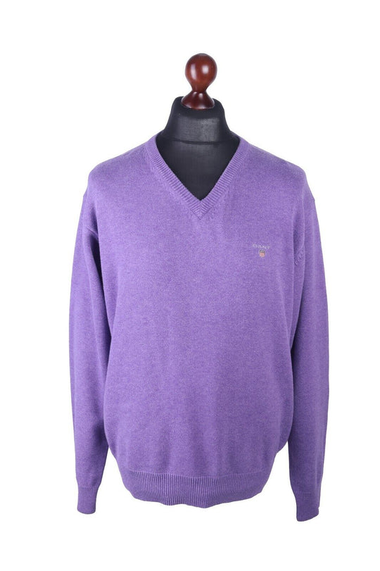 Men's GANT Purple 100% Cotton V-Neck Jumper Size L