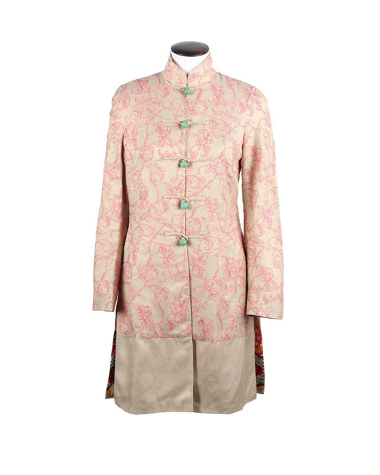 SHANGHAI TANG Coat Beige Silk Linen Women's Floral Embroidered Jacket Size US 10