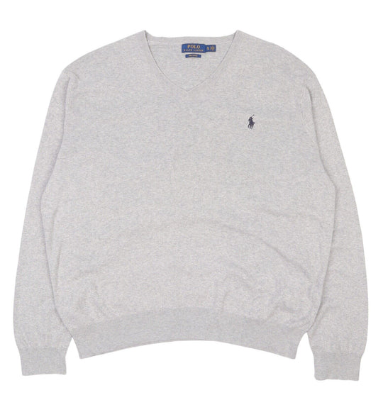 Men's POLO RALPH LAUREN Grey Pima Cotton V-Neck Jumper Size XL