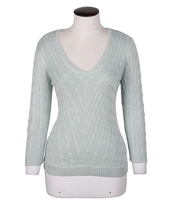 RALPH LAUREN Sweater Green Silk Cable Knit Womens V Neck Jumper Size S