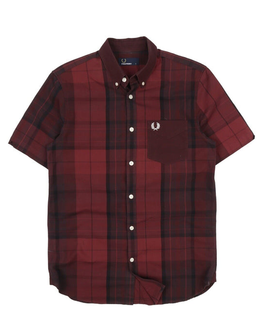 Men's FRED PERRY Maroon Red Check Short Sleeve Shirt Size S