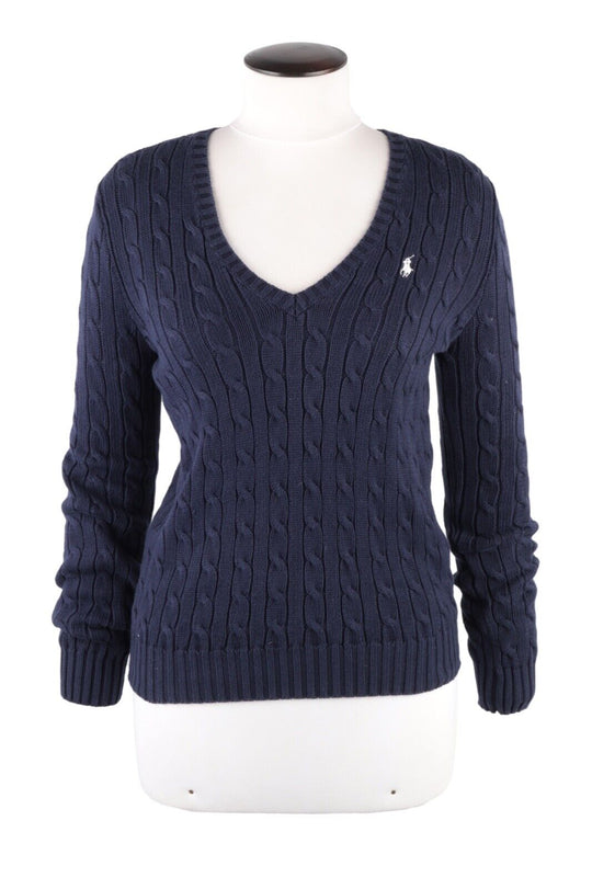 Women's Ralph Lauren Sport Navy Blue Cotton Cable Knit Jumper Size M