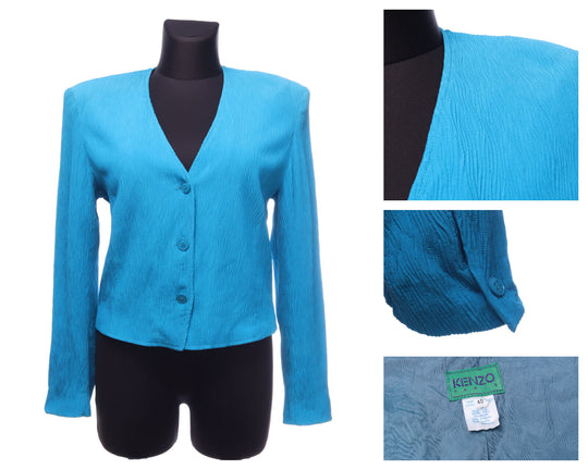 KENZO France Turquoise Silk Embossed Cropped Jacket Size 40