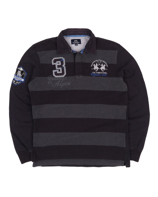 Men's LA MARTINA Gray Striped Pique Cotton Long Sleeve Polo Shirt Size M