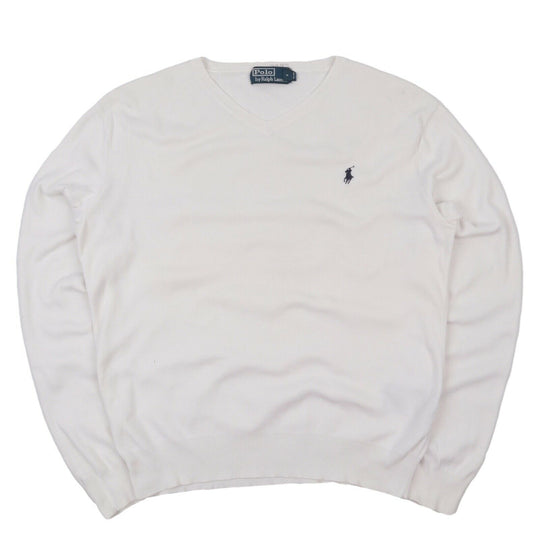 Men's POLO RALPH LAUREN Grey White Cotton V Neck Sweater Jumper Size M