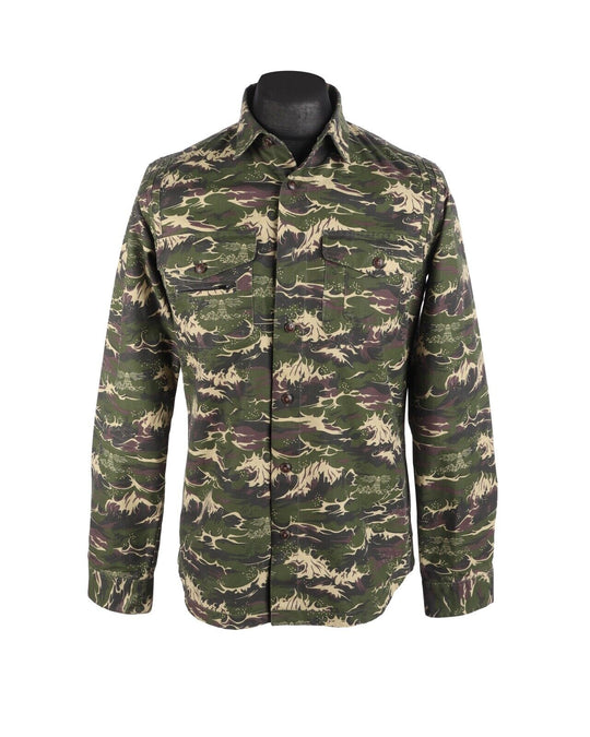Men's BARBOUR x WHITE MOUNTAINEERING Green Wave Camo Cotton Shirt Size L