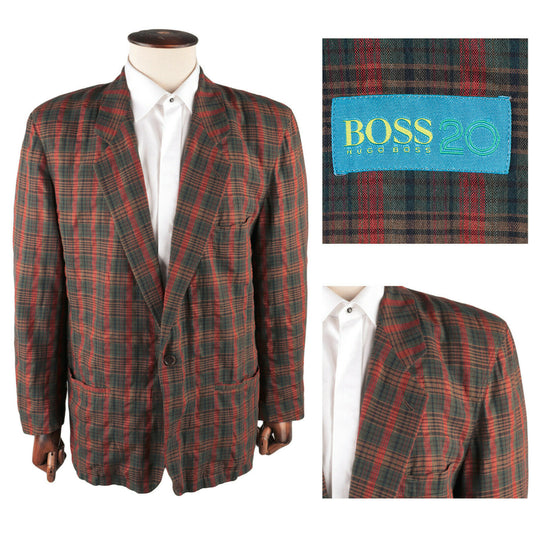 Men's HUGO BOSS Multicolored Check Linen Blend Blazer Suit Jacket Size 42 / 52
