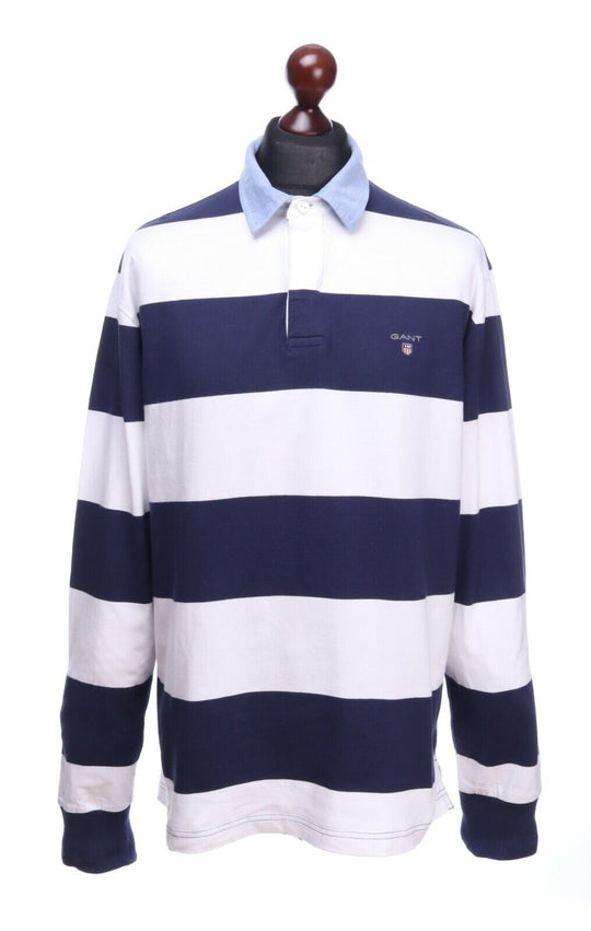 GANT Navy Cotton Marine Stripe Polo-Neck Rugby Sweater Jumper Size XL