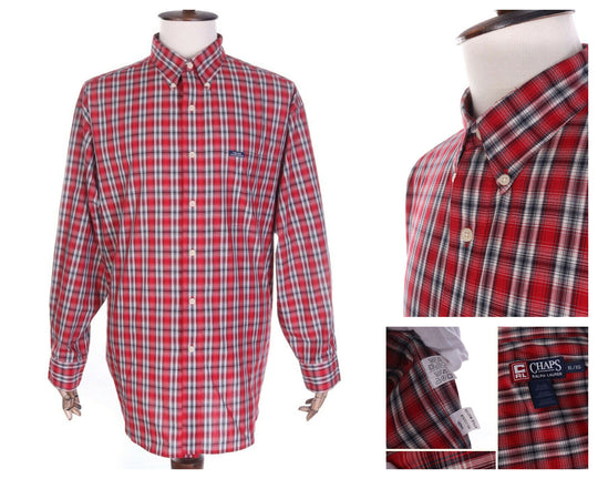 Men's CHAPS RALPH LAUREN Red Cotton Blend Plaid Check LS Shirt Size XL