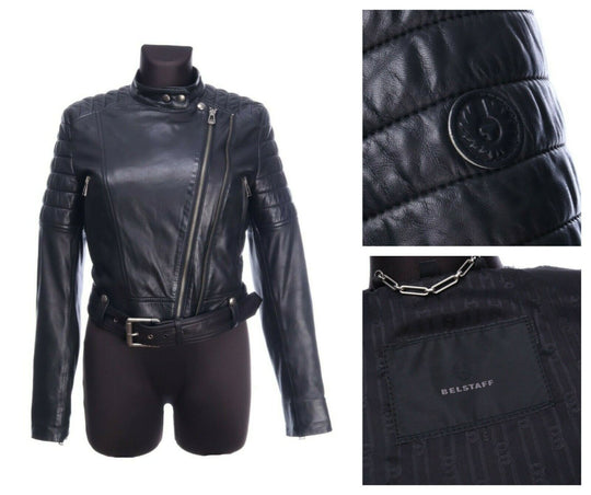 BELSTAFF ENGLAND Black Leather Biker Jacket Size 42