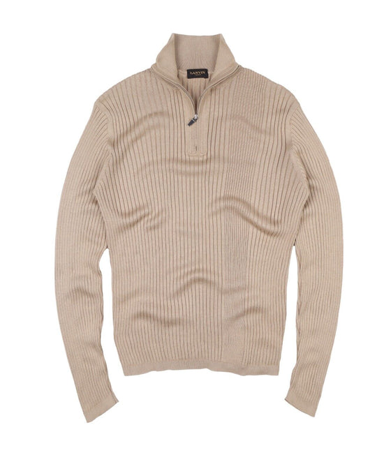 LANVIN Pullover Beige Silk Cotton Zip Neck Men's Jumper Size M