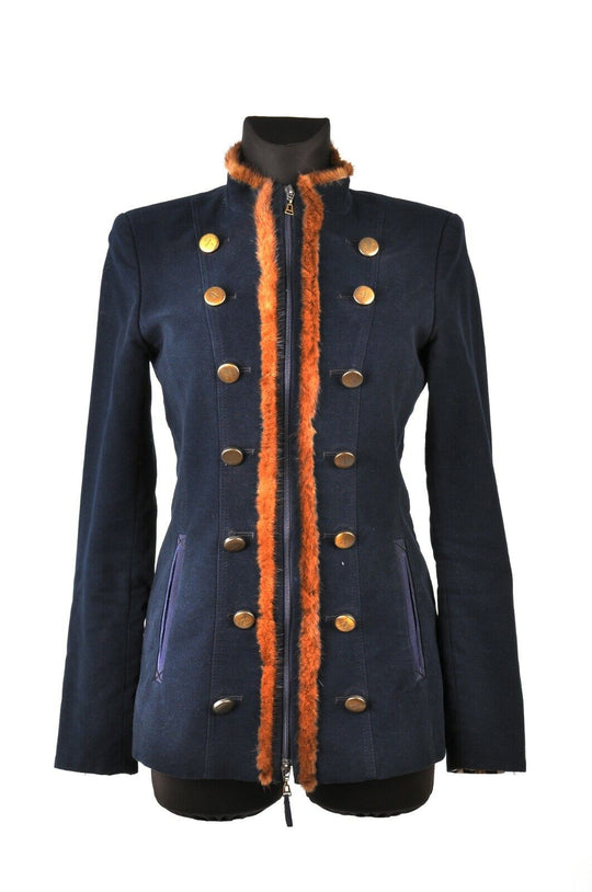 Women's NVSCO Navy 100% Cotton Military Fitted Jacket Fur Trim Size 34