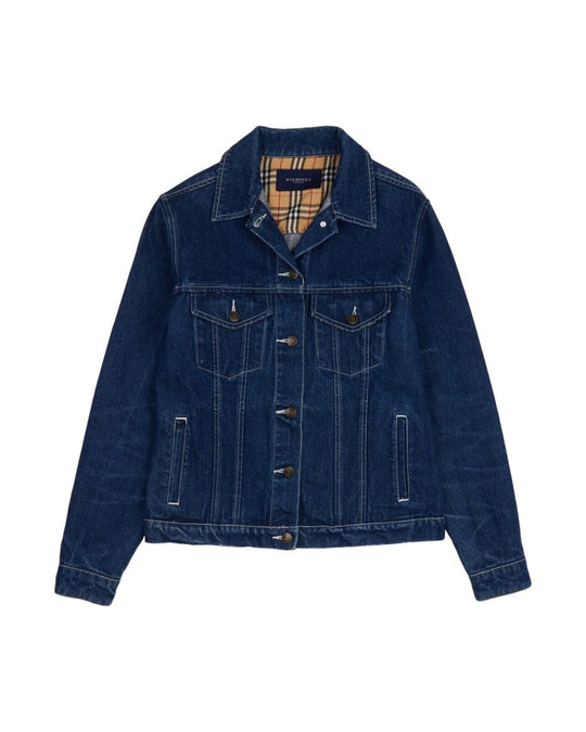 BURBERRY Trucker Jacket Blue Denim Check Collar Women's Size 10 US / 12 UK