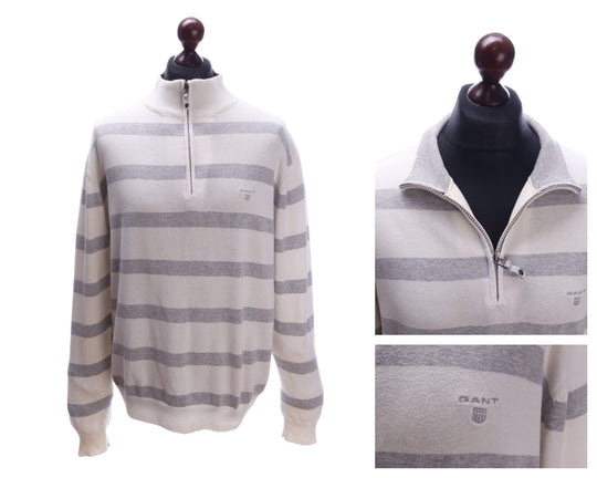 GANT White Grey Striped Cotton Zip Neck Sweater Jumper Size XL