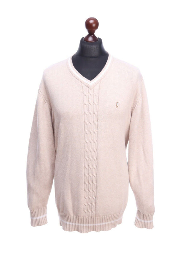 Vintage RALPH LAUREN Beige Cotton V-Neck Cable-Knit Sweater Jumper Size XXL