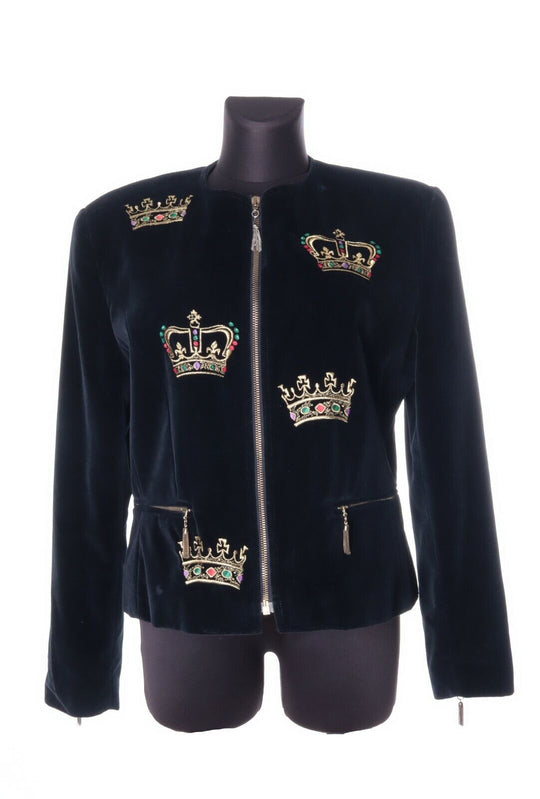 Women's ICEBERG Black Cotton Blend Collarless Embroidered Velour Jacket Size 44