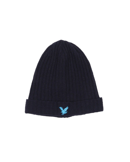LYLE & SCOTT Black Wool Beanie Blue Eagle Logo