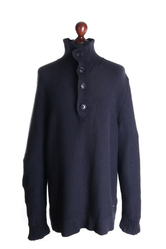 Men's HUGO BOSS Black Wool Blend Knitwear Button Neck Amaren Sweater Size 2XL