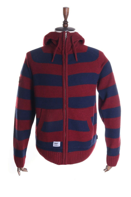 Men's ADDICT Red Navy Striped Acrylic Wool Full Zip Hooded Jumper Size XL