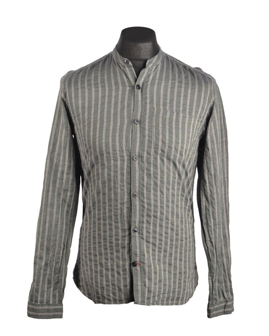 Men's OLIVER SPENCER Band Collar Green Striped 100% Cotton Shirt Size 15 / 38