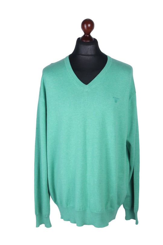 Men's GANT Green 100% Cotton V-Neck Jumper Size 2XL