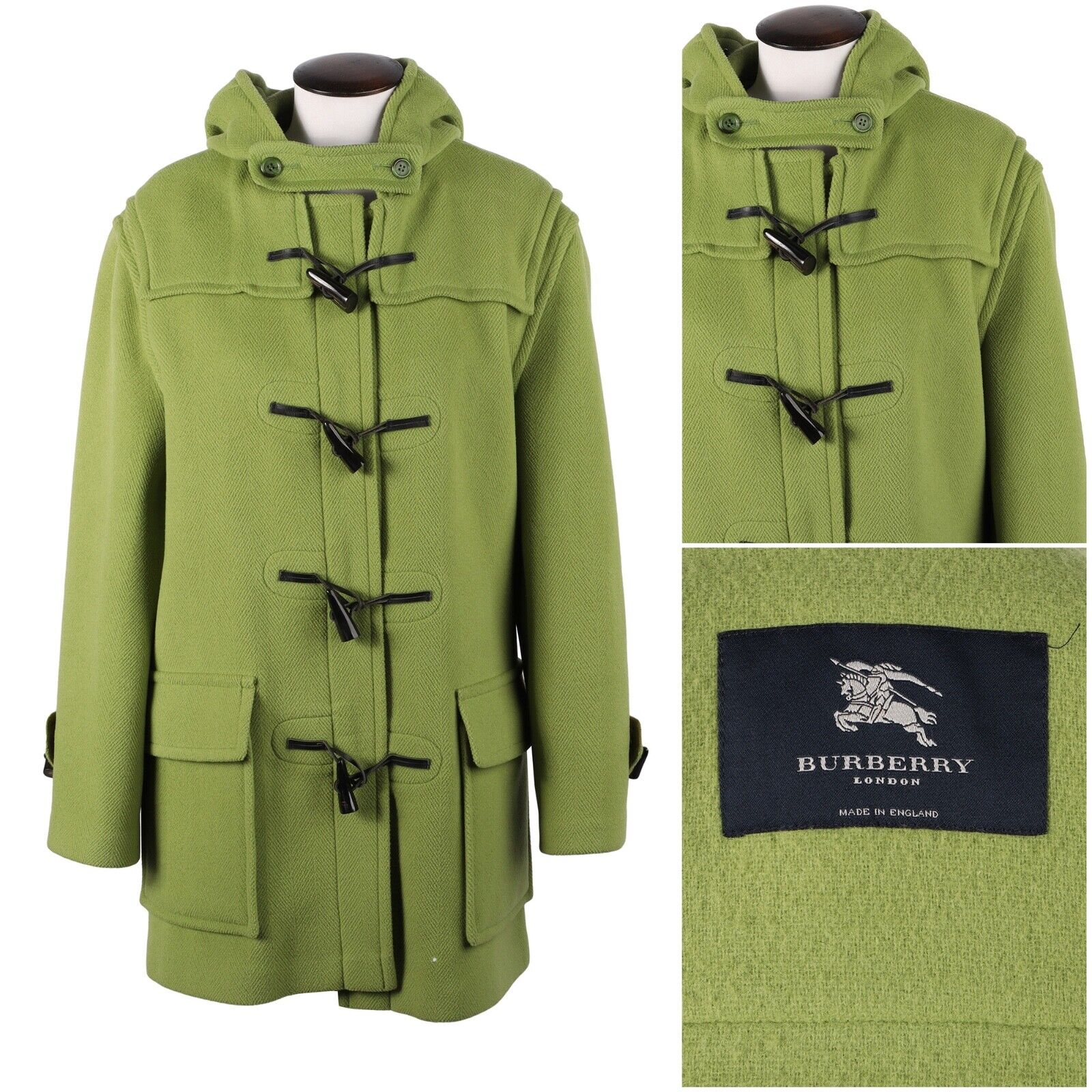 BURBERRY Duffle Coat Green Wool Women's Overcoat Size 10 UK