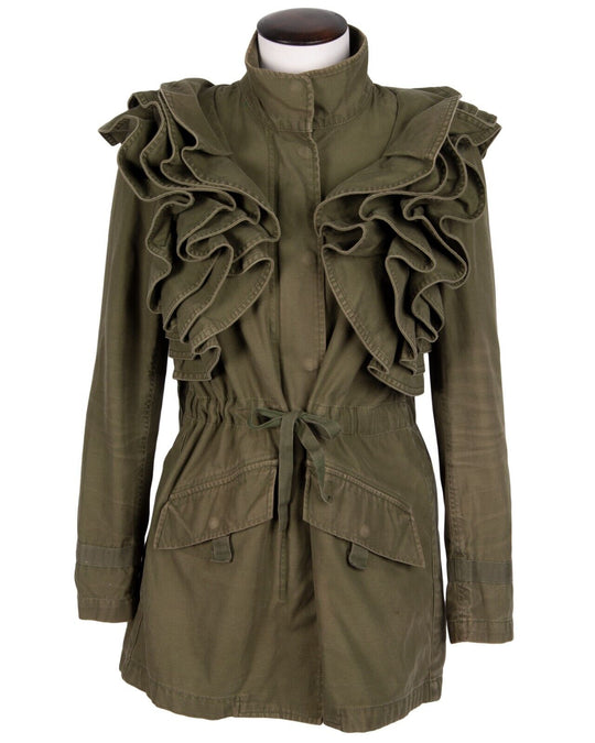 VALENTINO x GAP Army Jacket Green Cotton Women's Ruffles Unlined Parka Size S
