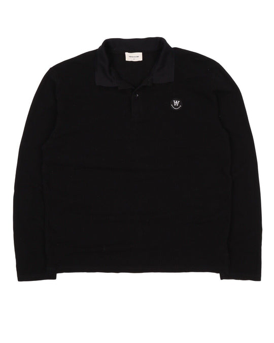 Men's WOOD WOOD Smile Logo Black Cotton Long Sleeve Polo Shirt Size L