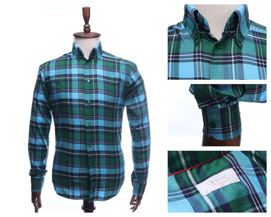 ETON Green Blue Check Cotton Slim Fit Long Sleeve Shirt Size 38 / 15
