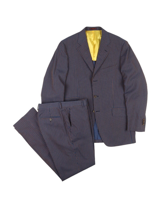 ETRO Milano Suit Navy Blue Striped Cotton Viscose Mens Jacket Pants Size 52 IT